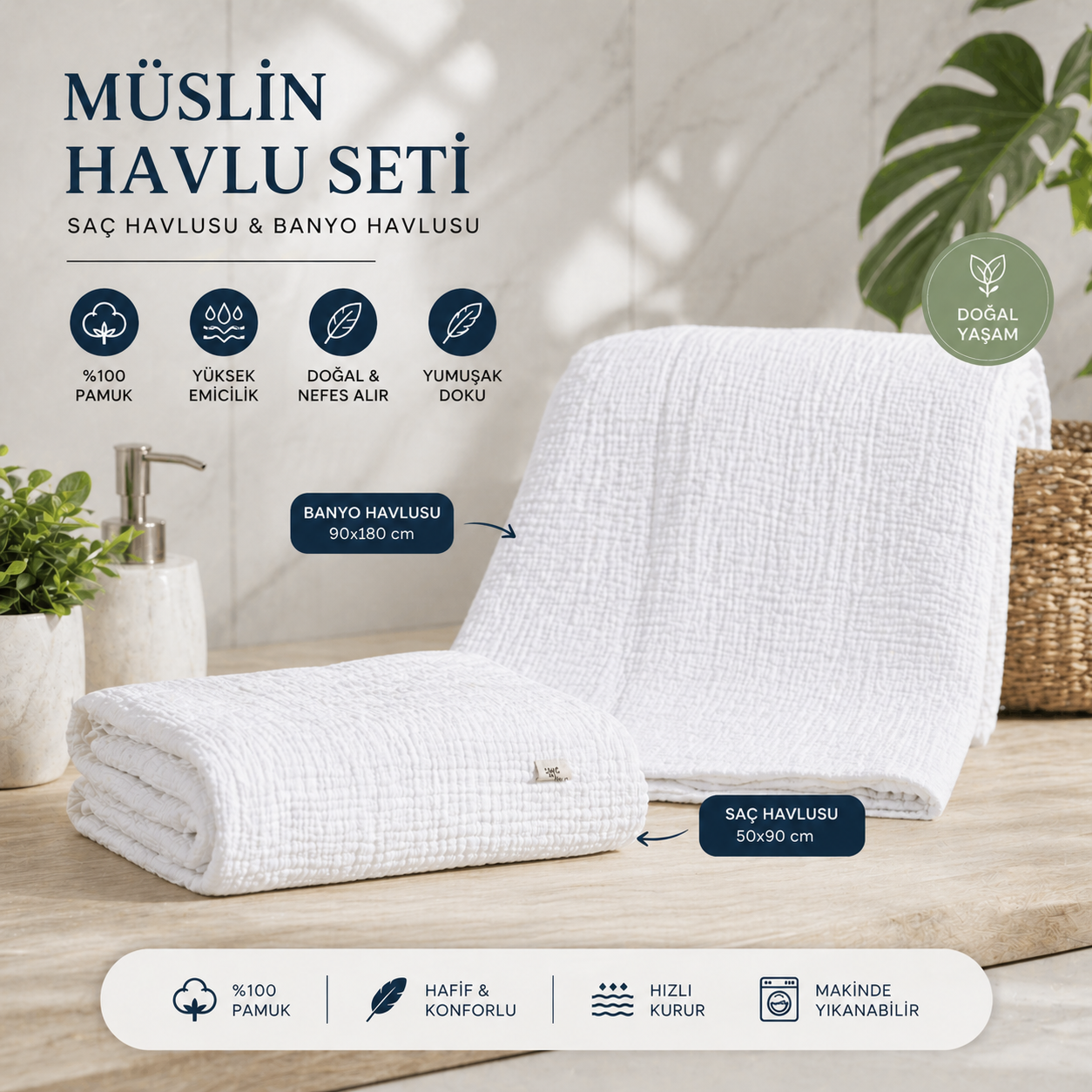 Aluve %100 Pamuk 4 Kat Müslin Havlu Seti - Banyo ve Saç Havlusu 2'li Set - Ultra Emici, çabuk kuruyan- Beyaz renk