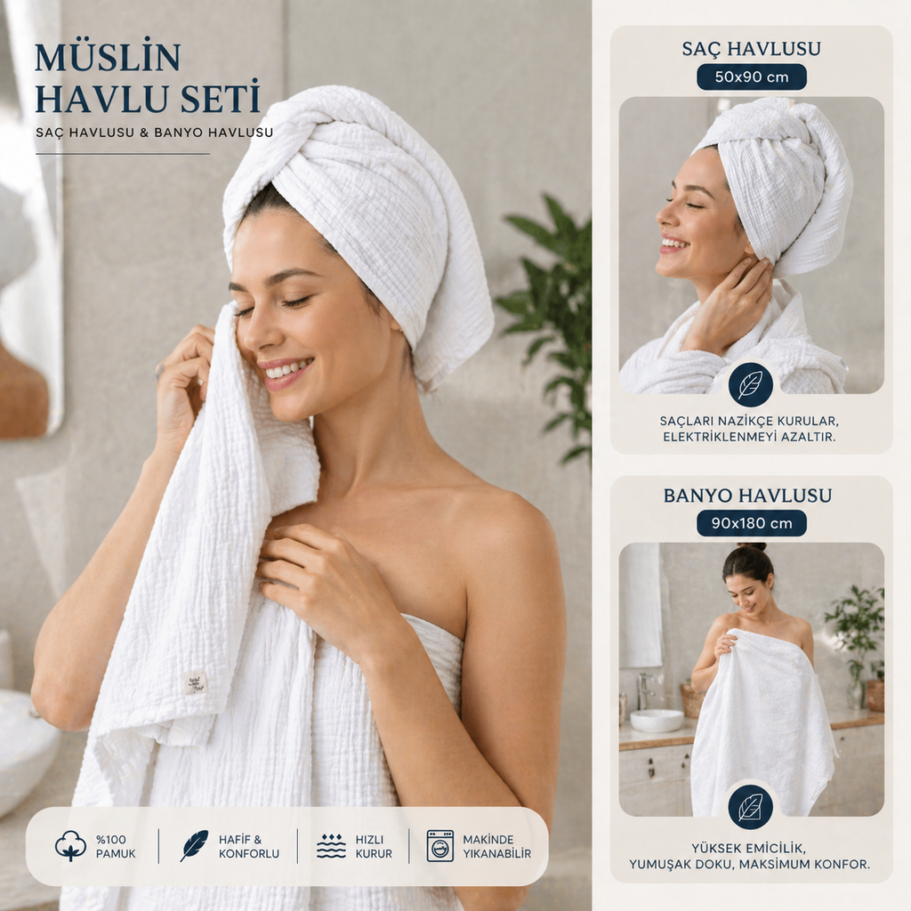 Aluve %100 Pamuk 4 Kat Müslin Havlu Seti - Banyo ve Saç Havlusu 2'li Set - Ultra Emici, çabuk kuruyan- Beyaz renk