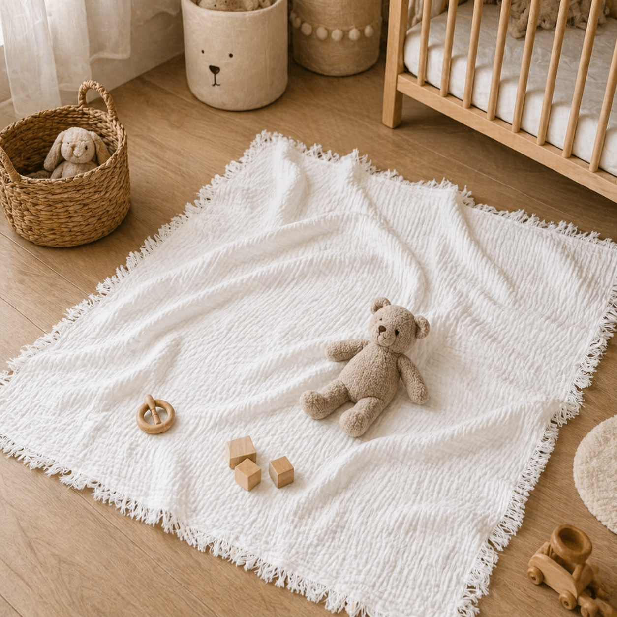 Premium %100 Pamuk 4 Katlı Müslin Bebek Battaniyesi - Ekru Püsküllü Alt Açma & Oyun Matı
