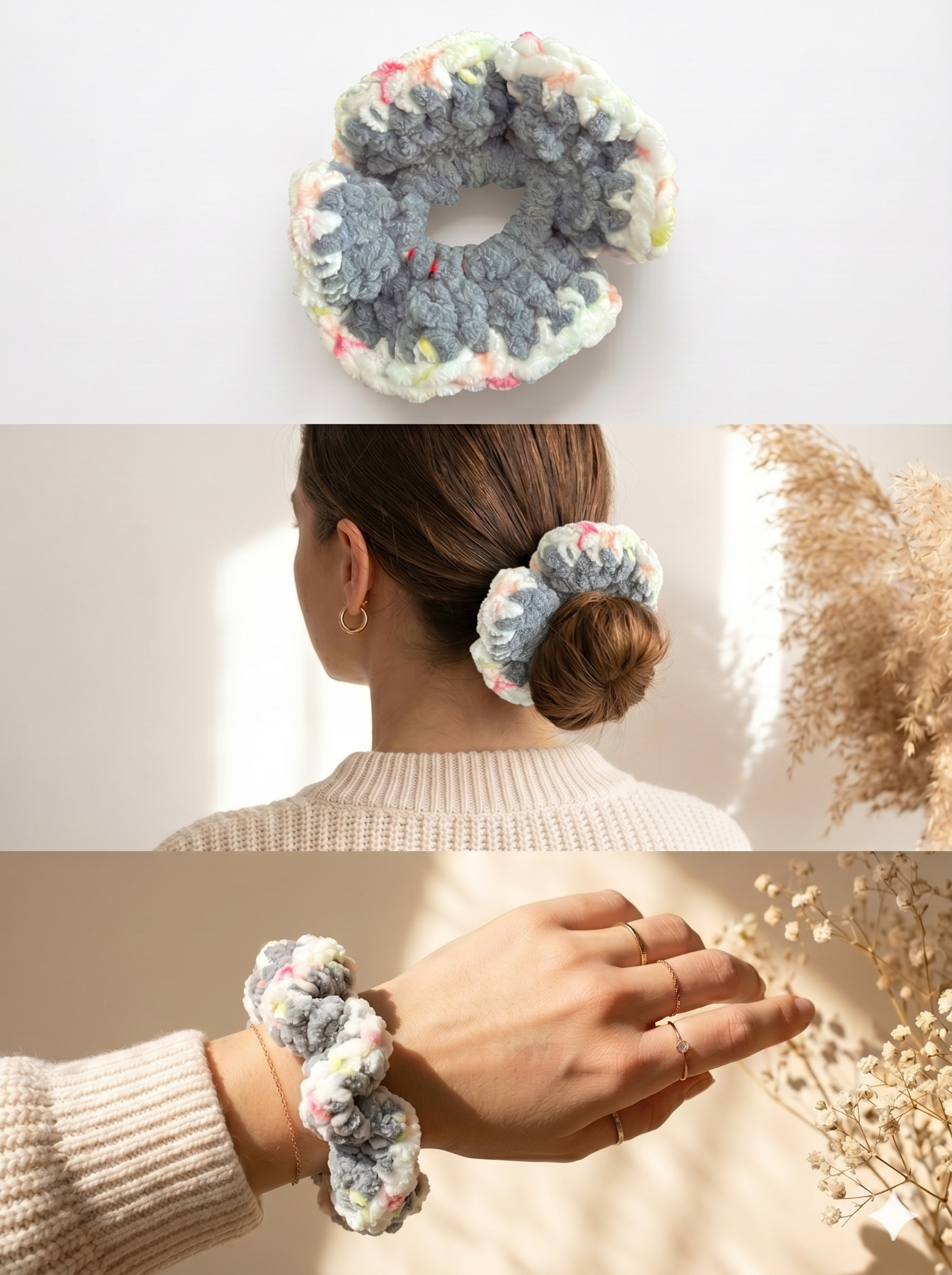 El Örgüsü Yumuşak Polar Scrunchie Toka - Kadın Emeği Destekli, Gri- Beyaz