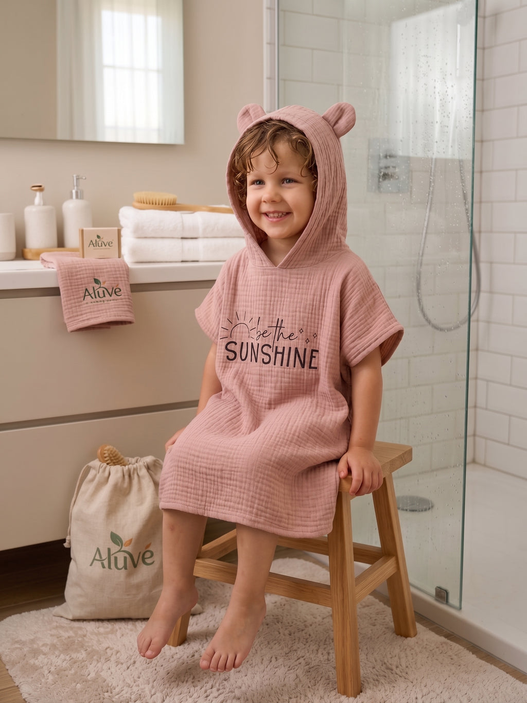 Unisex Çocuk Müslin Banyo-Deniz Pançosu, Kapüşonlu, %100 Pamuklu -Açık kahve