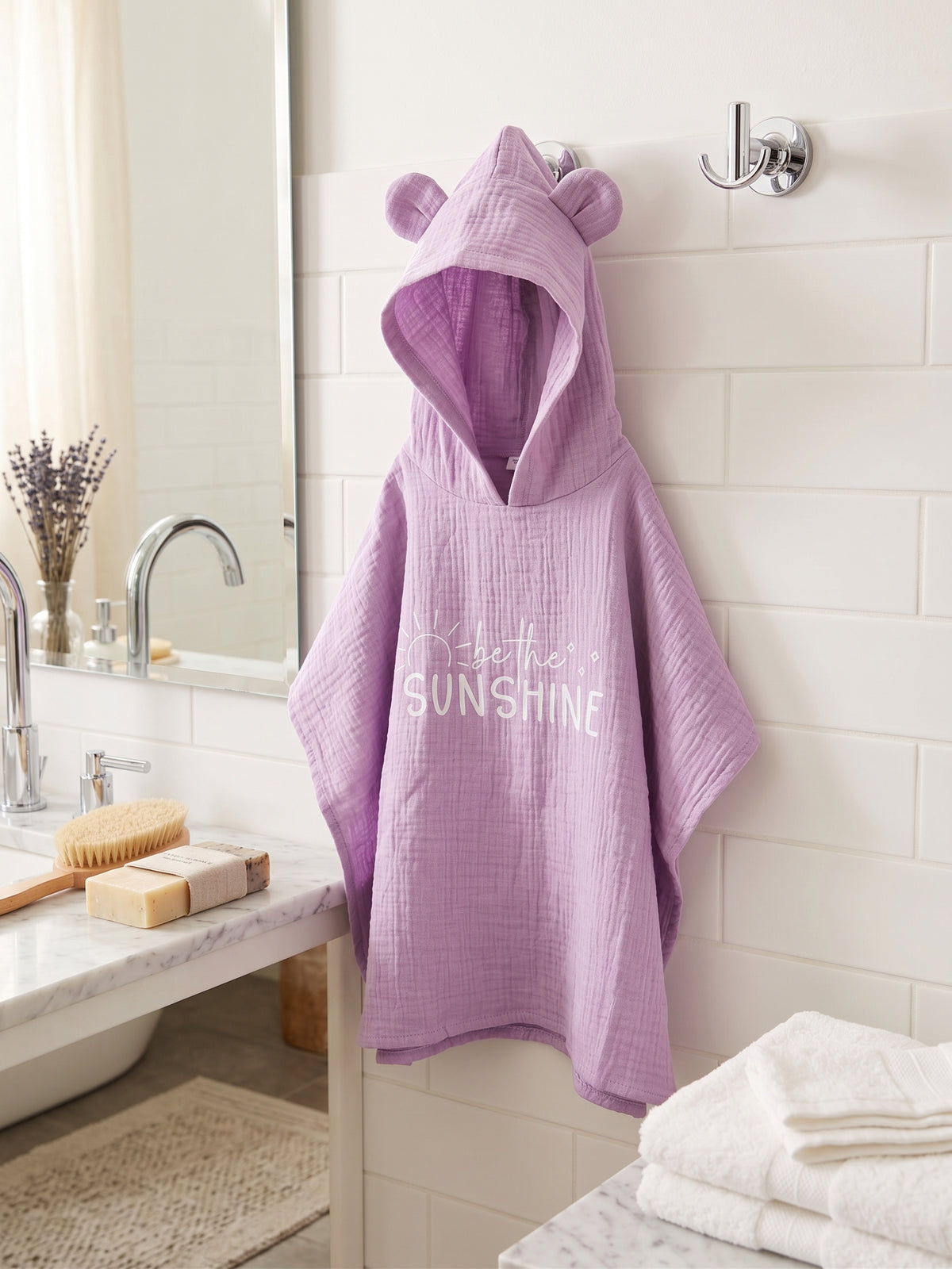 Aluvé - Unisex Çocuk Müslin Panço, Kapüşonlu, %100 Pamuklu -Lila