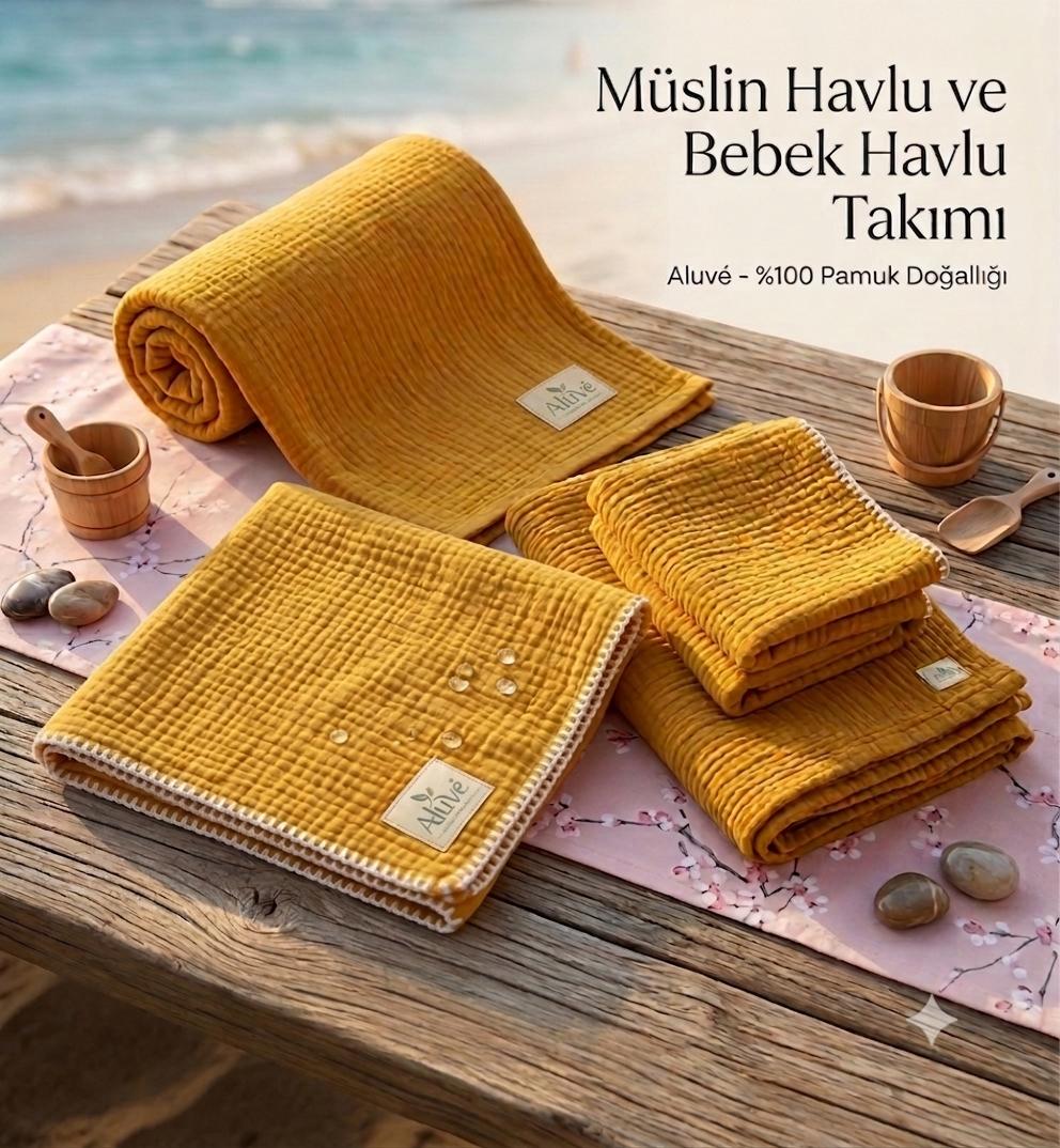 Aluvé Anne & Bebek Müslin Plaj Havlusu Seti- Hardal