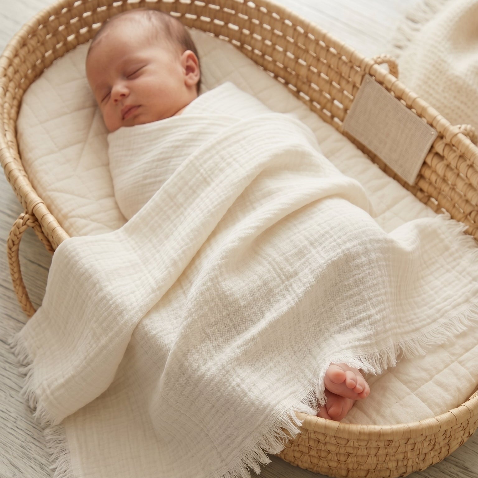 Premium %100 Pamuk 4 Katlı Müslin Bebek Battaniyesi - Ekru Püsküllü Alt Açma & Oyun Matı