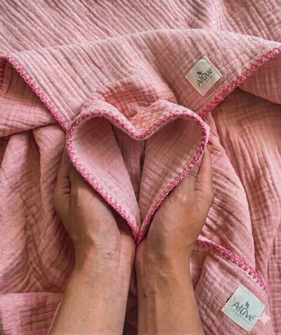 4 Katlı Pamuklu Pembe Müslin Bebek Battaniyesi - Çoban Dikişli,  90x100 cm