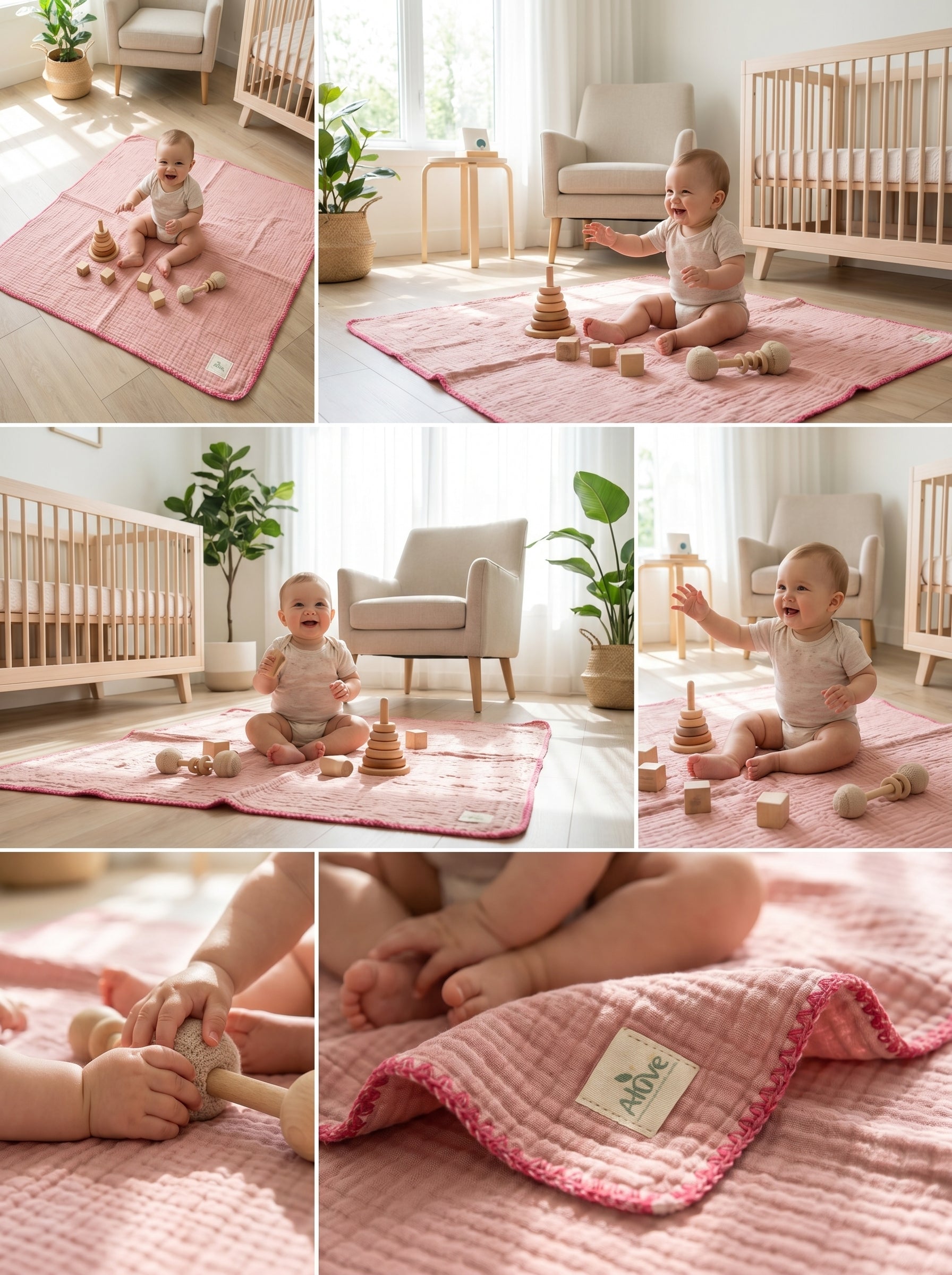 4 Katlı Pamuklu Pembe Müslin Bebek Battaniyesi - Çoban Dikişli,  90x100 cm