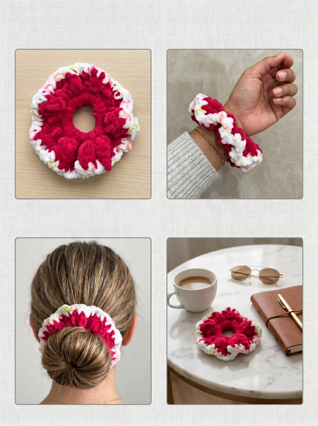 El Örgüsü Yumuşak Polar Scrunchie Toka - Kadın Emeği Destekli, Pembe-Beyaz