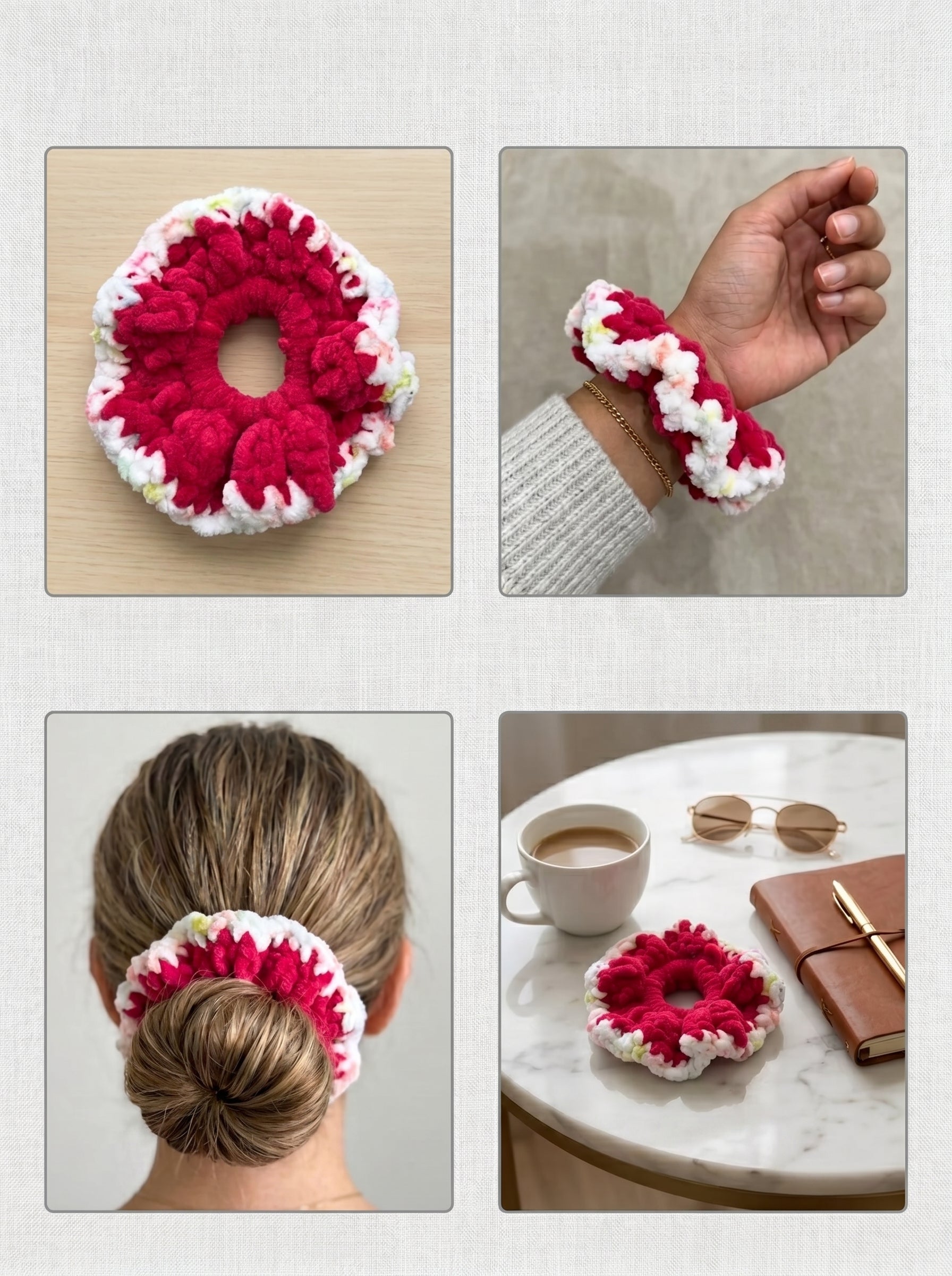 El Örgüsü Yumuşak Polar Scrunchie Toka - Kadın Emeği Destekli, Pembe-Beyaz