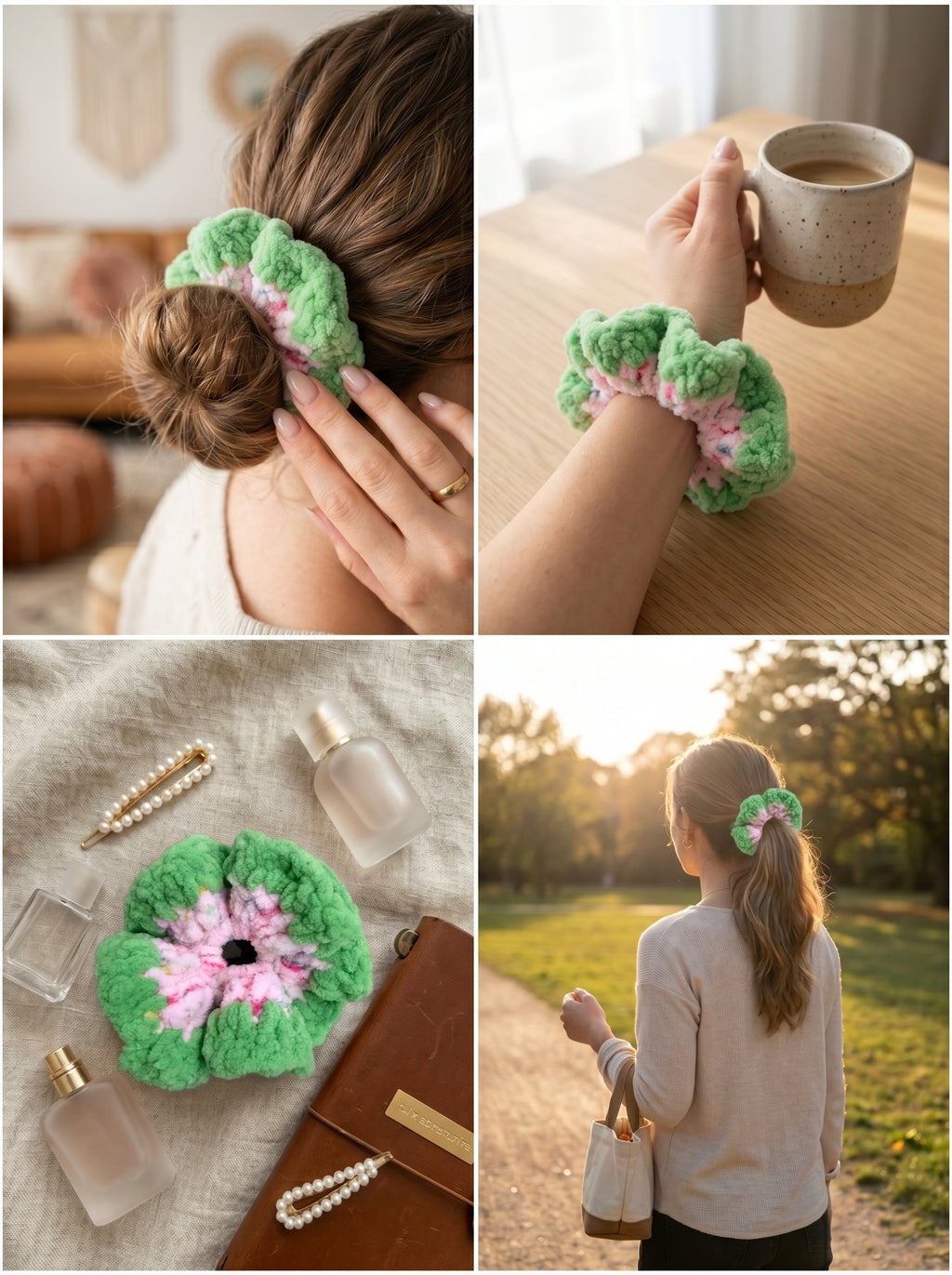 El Örgüsü Yumuşak Polar Scrunchie Toka - Kadın Emeği Destekli, Yeşil-Pembe