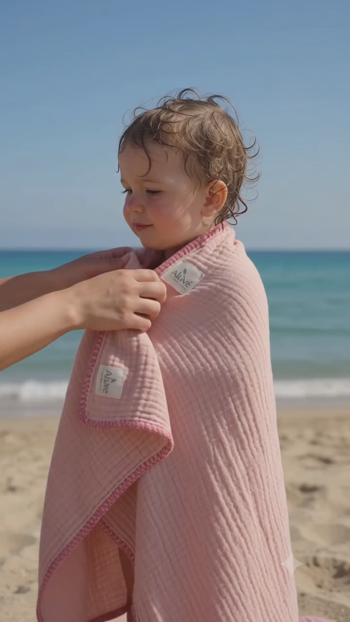 Aluvé Anne & Bebek Müslin Plaj Havlusu Seti- Gül kurusu Pembe