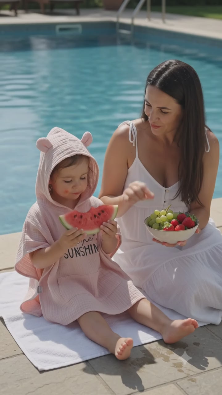 Aluvé - Unisex Çocuk Müslin Panço, Kapüşonlu, %100 Pamuklu -Açık kahve